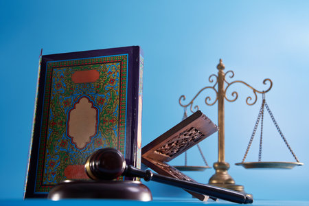 sharia law concept , gavel hammer libra scale and holly koranの写真素材