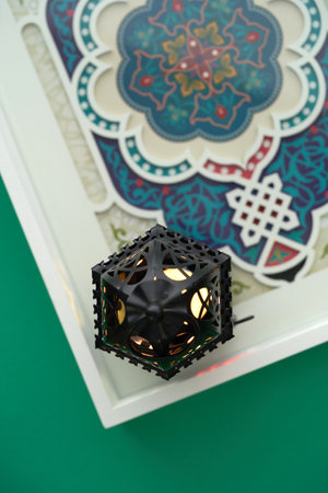 arabic lantern on top of wooden trayの写真素材
