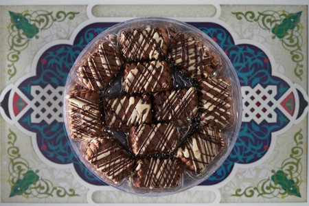 ramadan cookie against against arabic design food trayの写真素材