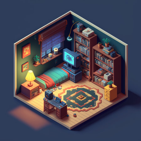 ai generated isometric study room with big monitor and shelf of booksの素材
