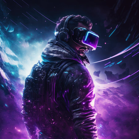 ai generated image of  VR sport game virtual reality recreation, man playing virtual cyber space game, NFT game activity lifestyle of futureの素材