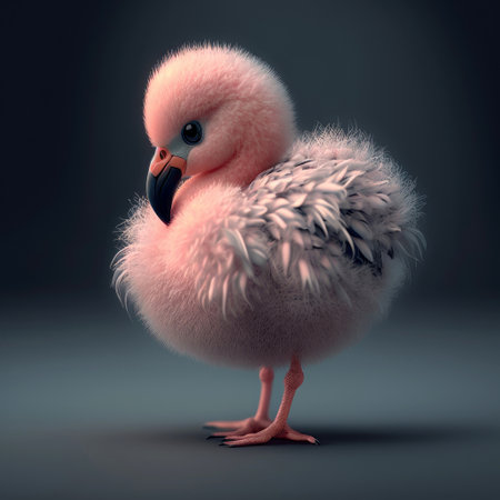 ai generated image of  adorable pink baby flamigo dark background, close upの素材