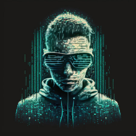 ai generated image computer hacker's front view wearing eyeglasses, mystery.の素材