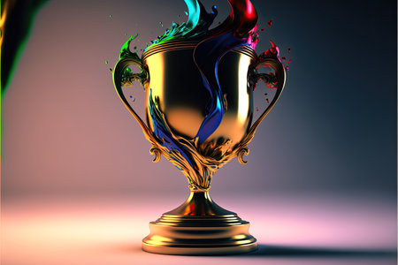 ai generated image, golden trophy against dark background with flow of blue color.の素材