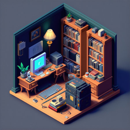 ai generated isomeric  neat study room with book shelf computer and other on simple backgoundの素材