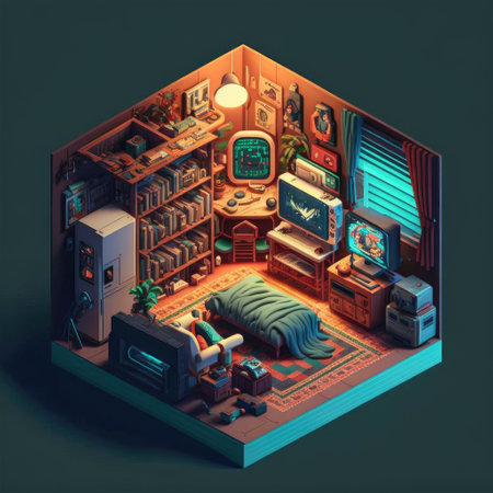 ai generated isomeric  neat study room with book shelf computer and other on simple backgoundの素材