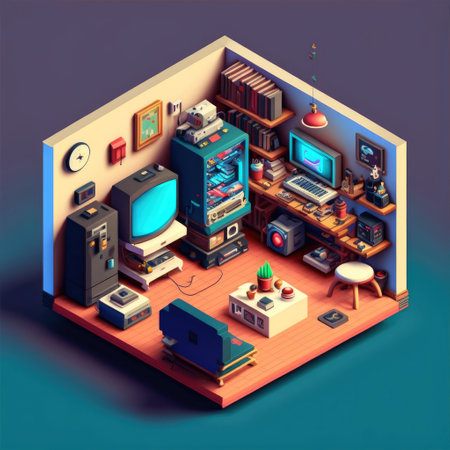 ai generated isomeric  neat study room with book shelf computer and other on simple backgoundの素材
