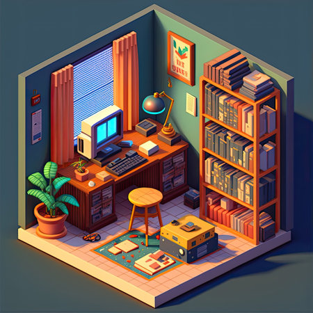 ai generated isomeric  neat study room with book shelf computer and other on simple backgoundの素材