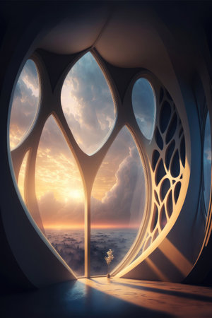 ai generated images of surreal world of future living room spacious with dramtic skyの素材