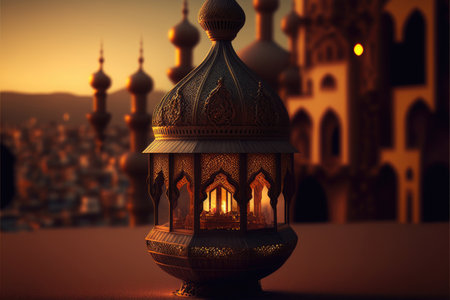 ai generated image of authentic arabic lantern illuminated against mosque as backgroundの素材