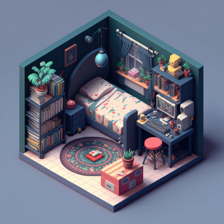 ai generated isomeric  neat study room with book shelf computer and other on simple backgoundの素材