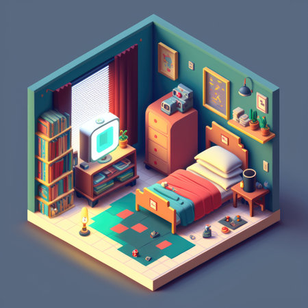 ai generated isometric study room with big monitor and shelf of booksの素材
