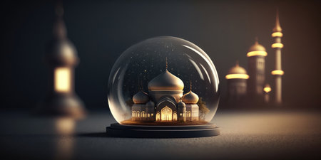ai generated illustration of muslim mosque, for ramadan greeting card, banner, panaroma size have more room to crop .の素材