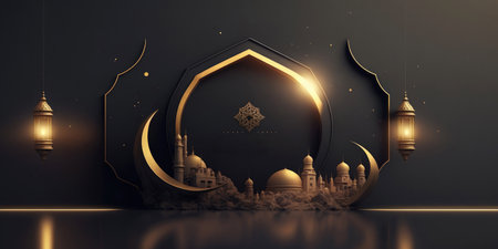 ai generated illustration of muslim mosque, for ramadan greeting card, banner, panaroma size have more room to crop .の素材