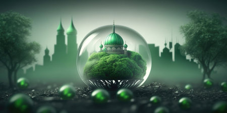 ai generated illustration of muslim mosque, for ramadan greeting card, banner, panaroma size have more room to crop .の素材