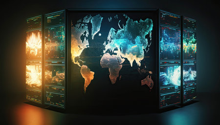 Ai generated illustration of lcd screens with projected map of earthの素材