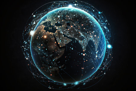 Ai generated illustration of Satellite system of spaceships around illumination  Earthの素材