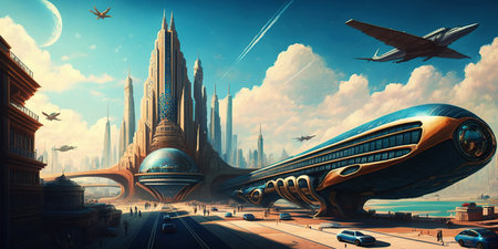 Ai generated illustration of futuristic cityscape creative  with fantastic skyscrapers, towers, tall buildings, flying vehiclesの素材