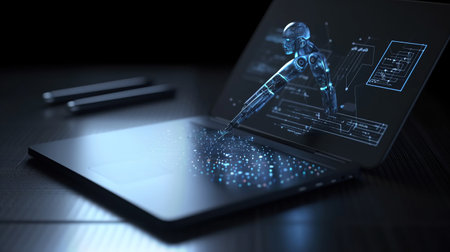 ai generated illustration of robot cyborg hand pressing a keyboard on a laptop.の素材