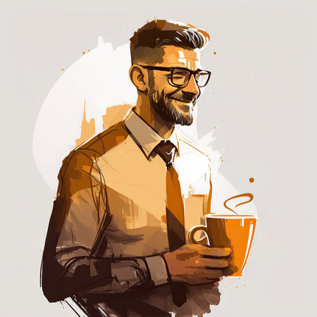 Ai generated illustration of Smiling handsome man with a cup of coffee.の素材