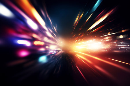 ai generated illustration of modern abstract high-speed movement. Dynamic motion light trails with motion blur effect on dark background. Futuristic, technology for design.の素材