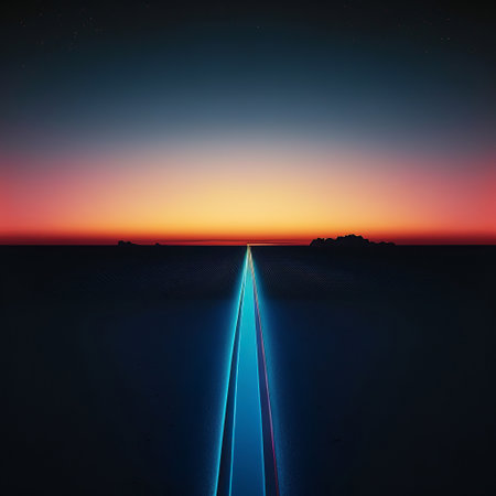 ai generated illustration abstract neon glowing lines  in the sunset sea against the backgroundの素材
