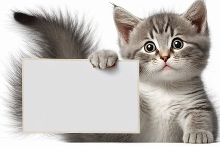 ai generated illustration of kitten holding placrd for copy isolated white backgroundの素材