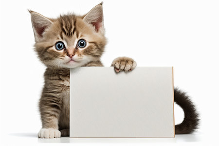 ai generated illustration of kitten holding placrd for copy isolated white backgroundの素材