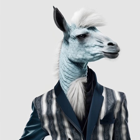 ai generated illistration of donkey, wearing a designer jacket, high fashion isolated whiteの素材