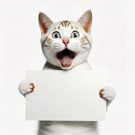 ai generated illustration Funny cat portrait looking shocked or surprised  holding a blank placrd on white background.の素材