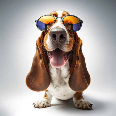 ai generated illustration Cool fabulous basset hound dog with shades, dog wearing sunglasses isolated white backgroundの素材