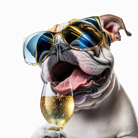ai generated illustration dog wearing sunglasses holding glass of champagne isolated white backgroundの素材