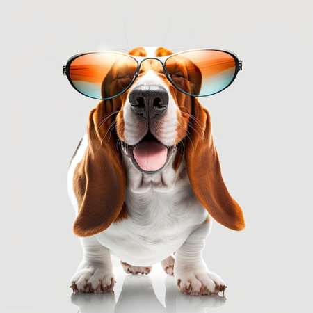 ai generated illustration Cool fabulous basset hound dog with shades, dog wearing sunglasses isolated white backgroundの素材