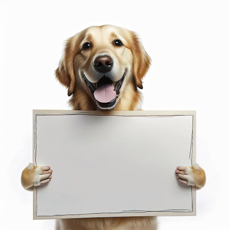 AI generated  illustration of happy smiling animal dog holding blank placrad for copy spaceの素材