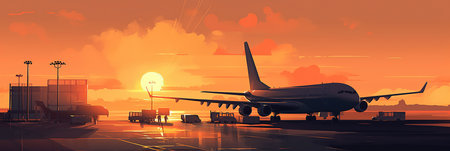 Ai generated illustration view airplane takingoff in sunsetの素材
