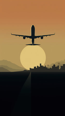 Ai generated illustration view airplane takingoff in sunsetの素材
