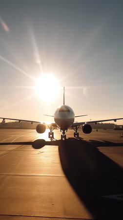 Ai generated illustration view of airplane on the runway sunny dayの素材