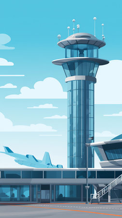 Ai generated illustration view of airplane , airport runway and contrl towerの素材