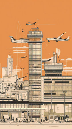 Ai generated illustration view of airplane , airport runway and contrl towerの素材