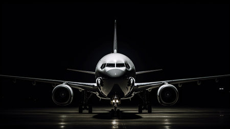 Ai generated illustration view of airplane on the runway at nightの素材