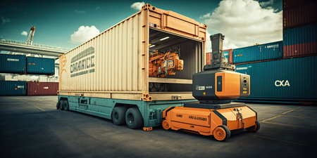 Ai generated illustration Computer-controlled cargo cranes rapidly lift containers, Automated Guide Vehicles.の素材