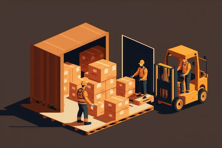 Ai generated illustration logistics Industrial worker uploading unloading goods from containerの素材