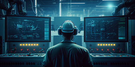 Ai generated illustration  Industrial worker Process Control room and Industrial Automation in industry 4.0 technology trend conceptの素材