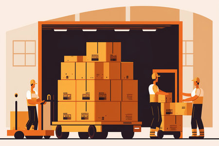 Ai generated illustration logistics Industrial worker uploading unloading goods from containerの素材