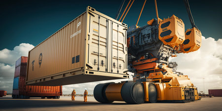Ai generated illustration Computer-controlled cargo cranes rapidly lift containers, Automated Guide Vehicles.の素材