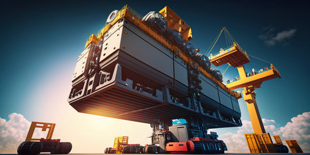 Ai generated illustration Computer-controlled cargo cranes rapidly lift containers, Automated Guide Vehicles.の素材