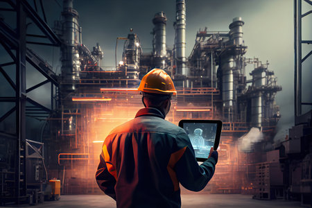 Ai generated illustration Industrial 4.0 , Augmented reality concept. Hand holding tablet with AR service , maintenance applicationの素材