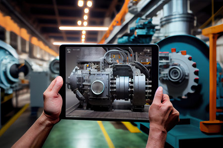 Ai generated illustration Industrial 4.0 , Augmented reality concept. Hand holding tablet with AR service , maintenance applicationの素材