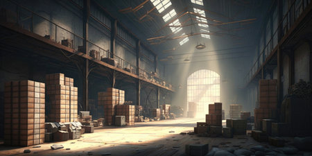 Ai generated illustration of  warehouse with stack of cardboard boxesの素材