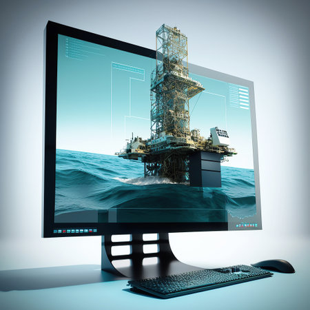 Ai generated illustration computer monitor with Offshore drilling rig at sea. Platform for oil production.の素材